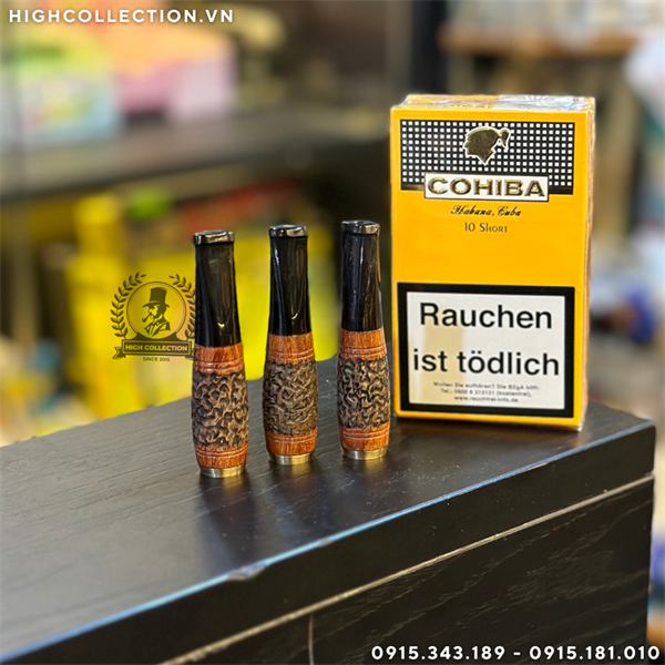 Cán Tẩu Cigar Sừng Gỗ Khắc Bọc Đồngg Ring 26