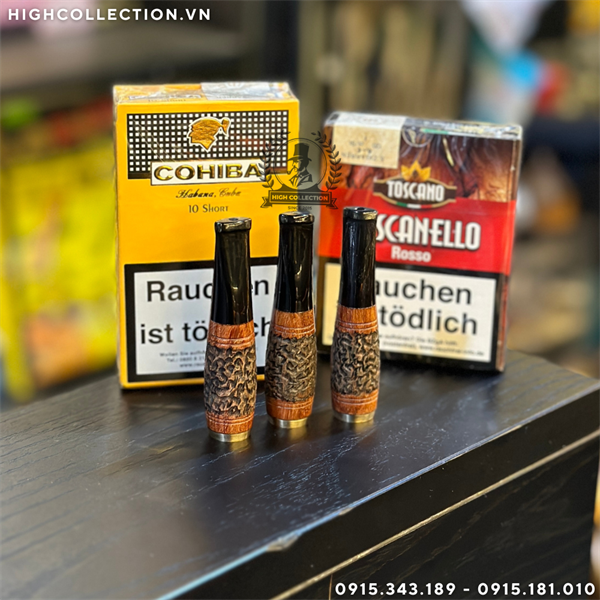 Cán Tẩu Cigar Sừng Gỗ Khắc Bọcc Đồng Ring 26